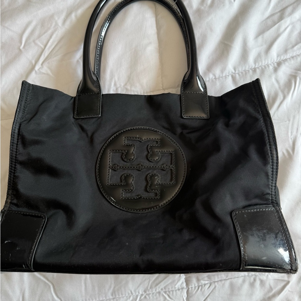 Tory Burch Black Nylon & Patent Leather Logo Tote